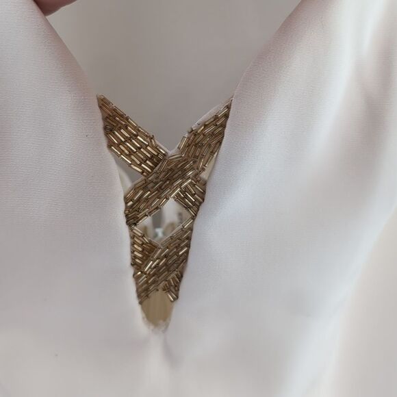 Cache 90s Ivory Mini Halter Cocktail Dress Plunge Gold Beaded Neckline Sz 6 - Picture 4 of 16